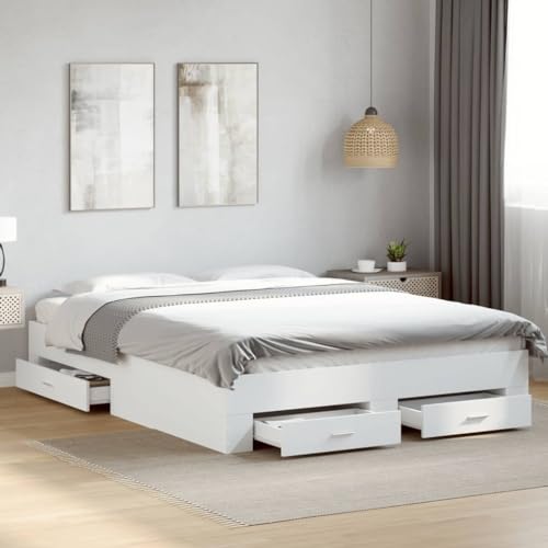 vidaXL Bettgestell, Bett mit Schubladen, Bettrahmen mit Sperrholzlatten, Doppelbett für Schlafzimmer, Schubladenbett, Weiß 160x200cm Holzwerkstoff
