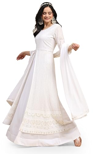TRENDMALLS Women's Georgette Embroidery Salwar Suit Set Kurta Lehenga with Dupatta (G203-White-XL)