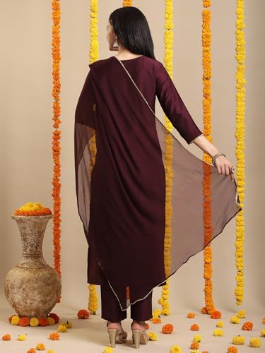 Image of GoSriKi Women's Rayon Viscose Embroidered Straight Kurta with Pant & Dupatta