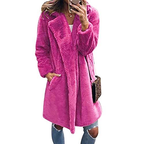 Womens Winter Coats,Women's Fuzzy Fleece Winter Warm Coat Jacket Turn Down Collar Outerwear Lapel Open Front Long Cardigan Faux Fur Outwear Coats Jacket Hot Pink #TOP2