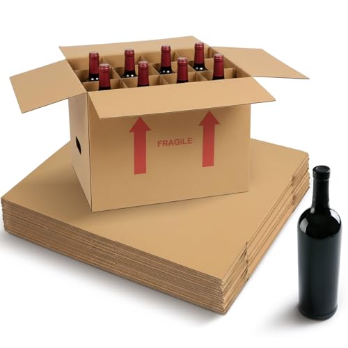 Image of Tatuo 10 Pack Wine Box for Moving, 12 Bottle, with Divider, 16 x 12 x 12 in | Liquor Shipping Packing Box Bulk, Corrugated Cardboard, Reinforced Bottom, Break Resistant, Heavy Duty, Cellar Storage