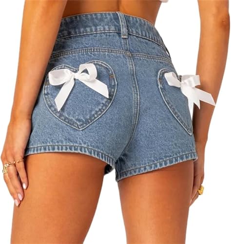 Women Cute Zipper Jeans Bow Trim Denim Shorts with...