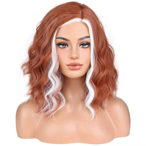 Image of BERON Light Brown Highlights Platinum Short Wave Wig for Women Girls Shoulder Length Wavy Heat Resistant Synthetic Wig for Cosplay Costume Party or Daily