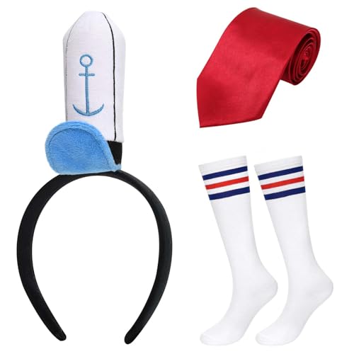JcHrmers 3Pcs Halloween Sailor Costume Set Include Sailor Headband,Tie and Socks Yellow Square Accessories for Men Women Cartoon Party Dress Up