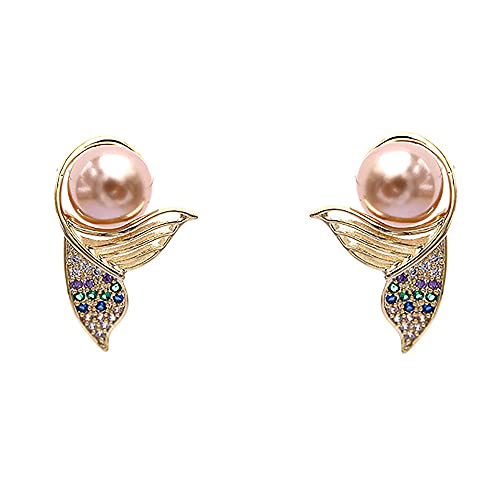 Huggie Mermaid Tail Shell Pearl Stud Earrings For Women Girls 925 Sterling Silver Post Colorful Cubic Zirconia Hypoallergenic Small Fish Fin Stud Cartilage Faux Pink Pearls Ocean Sea Mother's Day Jewelry #TOP6