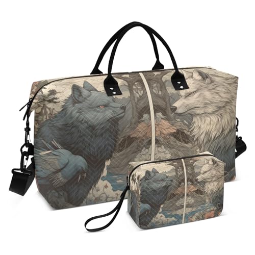 Large Travel Duffel Bag, Two Fox Sports Tote Gym Bag, Shoulder Weekender Overnight Bag for Women Men, Carry On Luggage with Toiletry Bags