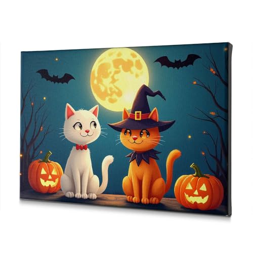 Toile murale chats d'Halloween sous la pleine lune tableau PKRD de 40x60cm pour salon