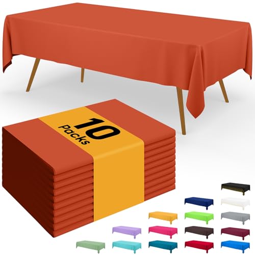 Image of Smiry Disposable Table Cloth - 10 Pack, 54 x 108 Inch Waterproof Rectangle Tablecloths for Parties, Decorative Plastic Table Cover, Leakproof & Sturdy, Burnt Orange