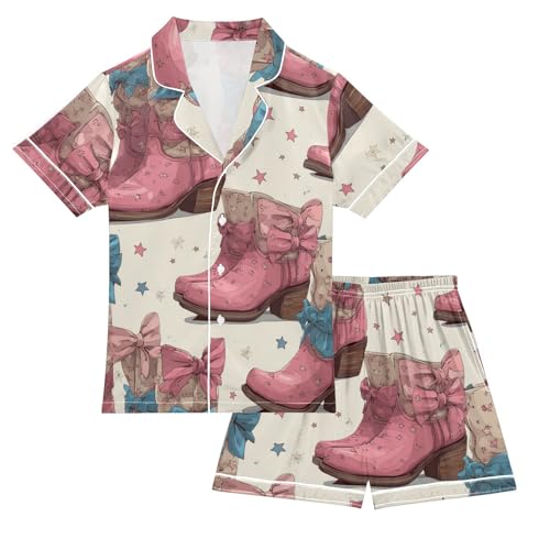 Satin Pajama Sets Short Sleeve Cowgirl Pink Boots Button Down Silky Nightwear 2 Piece PJS 5-14Y