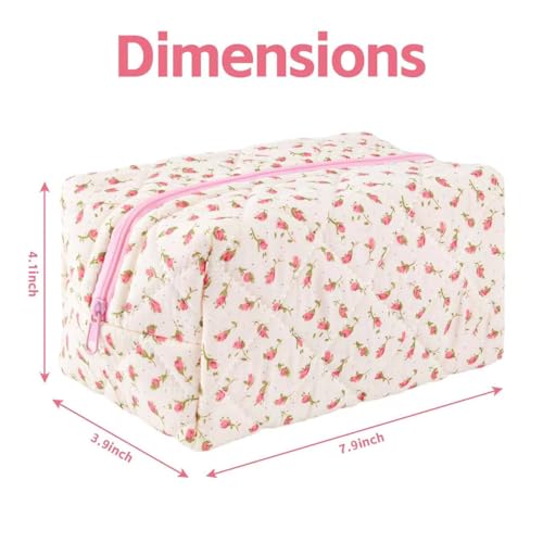 Image of Floral Makeup Bag, Floral Quilted Makeup Bag, Cosmetic Bag, Fashionable Travel Makeup Pouch, Small Cute Makeup Bag, Puffy Coquette Makeup Bag, Quilted Makeup Bag, Flowers (Width:11.9 Cm)