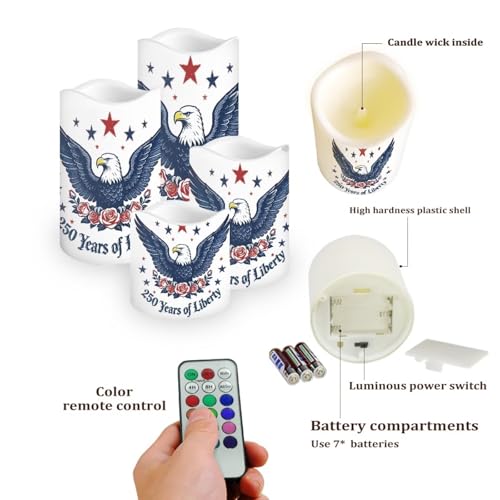 Image of American Flag Flameless Candles 250th Anniversary Bald Eagle LED Battery Operated Remote Control Fourth of July Flickering Patriotic Decor for Independence Day Home Outdoor, 4 Pack