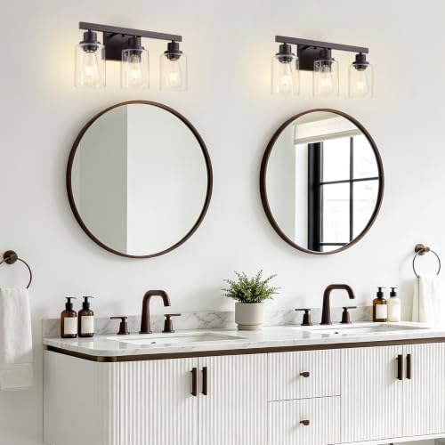 Image of 3 Light Bathroom Vanity Light,Oil Rubbed Bronze Vanity Lights 17 inch | Bronze Bathroom Light Fixtures over Mirror,with Clear Glass,Modern Wall Sconces for Bathroom,E26 Base