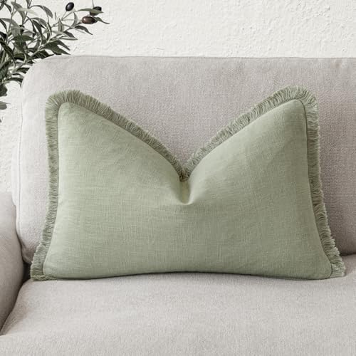 Image of Foindtower Decorative Linen Fringe Lumbar Throw Pillow Covers Cozy Boho Farmhouse Cushion Cover with Tassel Soft Accent Pillowcase for Sofa Bed Living Room Home Decor, 12x20 Inch, 1PC,Light Sage Green
