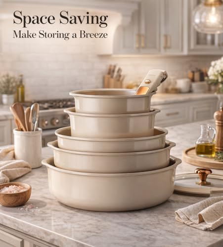 Image of CAROTE 18Pcs Ceramic Cookware Set with Detachable Handle, Pots and Pans Set Non Stick, Non Toxic Cookware Set Removable Handles, Induction Kitchen Cookware Sets, Dishwasher /Oven Safe