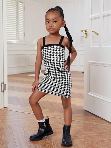 Image of WDIRARA Girl's 2 Piece Outfits Houndstooth Print Double Button Long Sleeve Jacket and Cami Dress Set