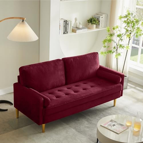 Image of 67 inch Modern Velvet Loveseat Sofa Couch, Mid-Century Tufted Upholstered Small Love Seat Couch with 2 Pillows & 4 Golden Legs, 2-Seats Couches for Compact Space, Living Room, Apartment (Burgundy)
