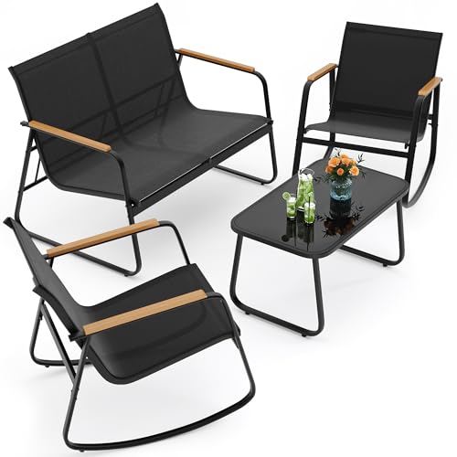 Ahomly 4-Piece Patio Furniture Set, Textilene Outdoor Conversation Set with 2 Rocking Chairs and Tempered Glass Coffee Table, for Lawn, Garden, Balcony, Poolside (Black)