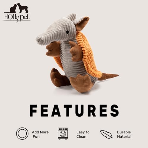 Image of Hollypet Plush Dog Squeaky Toy Stuffed Armadillo Animal Pet Puppy Chew Toys with Clean Teeth for Small Medium Large All Breed Sizes Dogs, Orange, 14 in