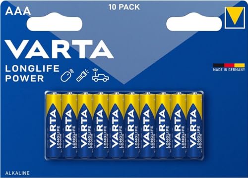 VARTA Pilas AAA, paquete de 10, Longlife Power, Alcalinas, 1,5V, para juguetes, ratones inalámbricos, linternas eléctricas, Made in Germany