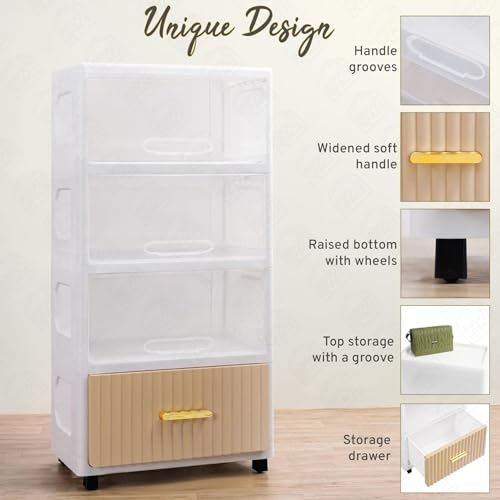ABOUT SPACE Plastic Wardrobe for Storage - 4 Tier Portable Stackable Plastic Rack with Hidden Door, Multipurpose Storage Organizer for Bedroom, Living Room (PP - White - L 49 x B 29.7 x H 106.5 cm)