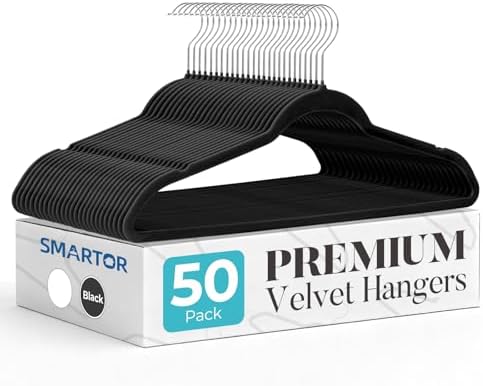 Smartor Black Velvet Hangers 50 Pack, Non Slip Clothes Hangers with Shoulder Notches, Premium Slim Space Saving Felt Hanger for Closet Organizers and Storage, Heavy Duty Hanger for Coat