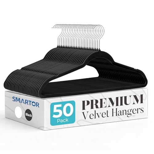 Smartor Black Velvet Hangers 50 Pack, Non Slip Clothes Hangers with Shoulder Notches, Premium Slim Space Saving Felt Hanger for Closet Organizers and Storage, Heavy Duty Hanger for Coat