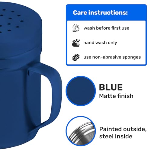 Image of CUSINIUM 6oz Navy Blue Stainless Steel Salt Pepper Dredge Shakers - With Plastic Cap - With Handle - Pack of 2