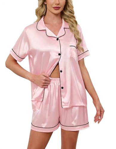 Image of Schbbbta Women Pajamas Set, 2 Pieces Satin Silk Button Down Pjs Short Sleeve Outfits Loungewear