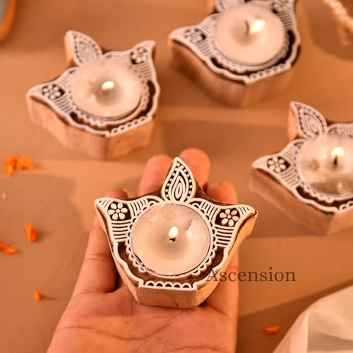 Image of Ascension Pack of 4 Wooden Diya Shaped Tea Light Candle Holder Handmade Wooden Block Print Tealight Candle Stand Decorative Items for Puja Gifting Indoor Outdoor Diwali Decoration Home & Office Decor