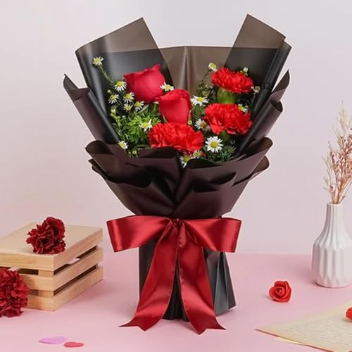 EG2i Rosy Rapture Bouquet – One Side Bunch of 3 Red Roses & 3 Red Carnations with Gypsy Fillers, Gifts for Birthday, Anniversary, Love, Valentine's Day, Girlfriend & Boyfriend – Same Day Delivery 2 412YG3q4jkL