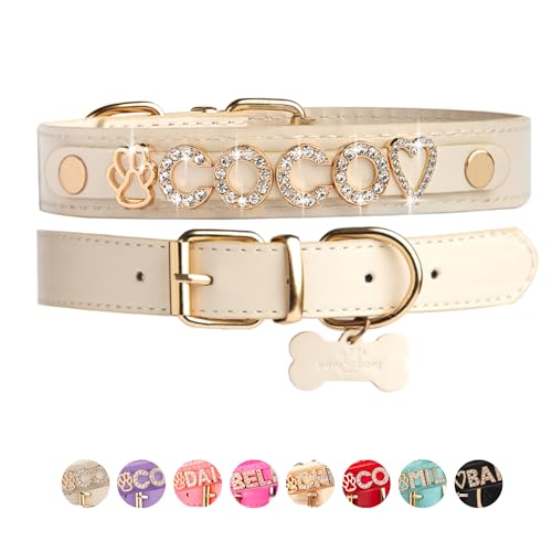 Paws Paws Miami Custom Dog Collar for Medium Dogs, Personalized with Name in Gold-Plated Cubic Zirconia Initials and Charm Jewels Leather Collars, Sand