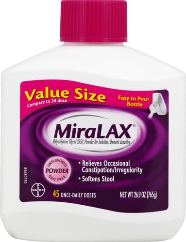 Image of MiraLAX, Laxative Powder, Gentle Constipation Relief for Adults, Stool Softener with PEG 3350, Nonstimulant Laxative, No Harsh Side Effects, Osmotic Laxative, 45 Count, 26.9 Ounce (Pack of 8)