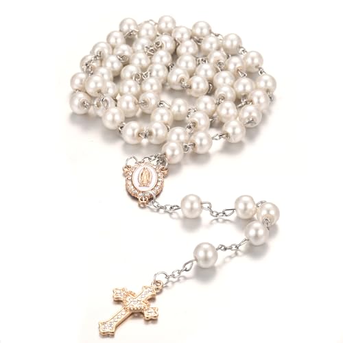 Jiali Q Katholischer Rosenkranz aus perlenfarbenem Glas, handgefertigt im christlichen Stil, mit Strasskreuz (gold) Jiali Q Katholischer Rosenkranz aus perlenfarbenem Glas, handgefertigt im christlichen Stil, mit Strasskreuz (gold)