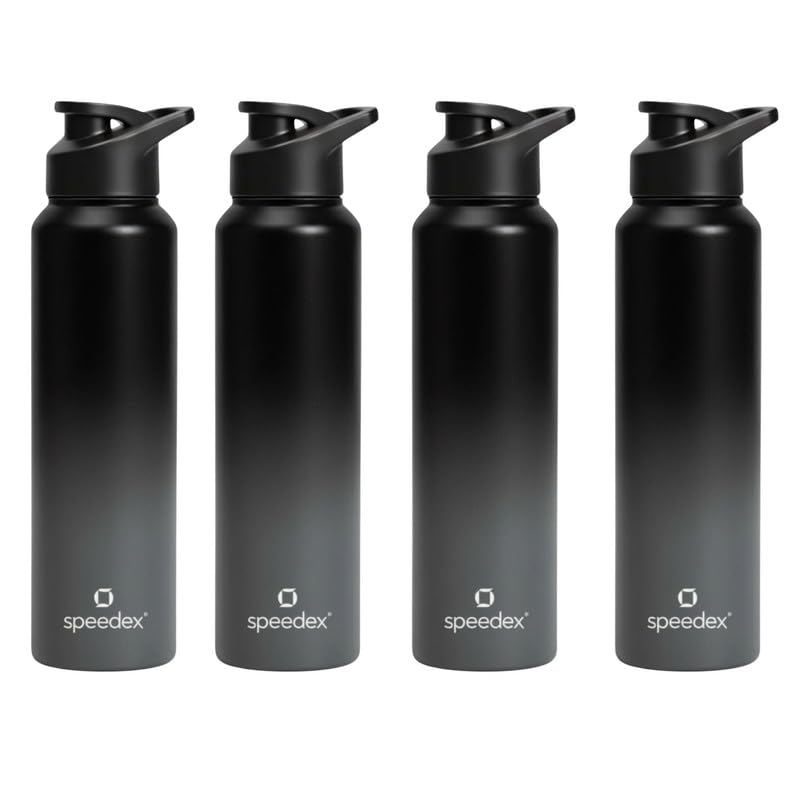 Image of Speedex Stainless Steel Water Bottle 1 Ltr, Leak Proof Sipper Cap, BIS Approved 1000 ml Metal Bottle For Daily, Office, School, Gym, Travel Use for Men, Women, Kids, Adults, Black grey, Set of 4
