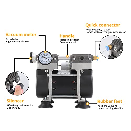 Vacuum Pump 50L/Min, Oilless Diaphragm Vacuum Pump With Vacuum Meter & Silencer, 6M Ptfe Tape & 2M Rubber Tube, Low Noise & High Vacuum Degree, Diaphragm Pump For Lab Chemistry Electronics Aquarium #TOP4