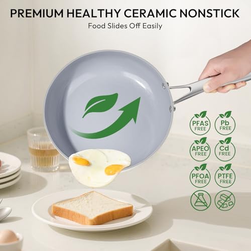 10-Piece Ceramic Nonstick Cookware Set - PFOA-Free Pots and Pans with Glass Lids, Healthy Cooking Easy Clean, Induction Compatible & Oven Safe, Includes Frying Pan, Saucepan, Stockpot - Cream White - Image 5