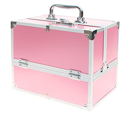 Adson Professional Beauty Make Up Cosmetic Vanity Box/Case 6 Trays with Mirror (Metallic Rose Pink)