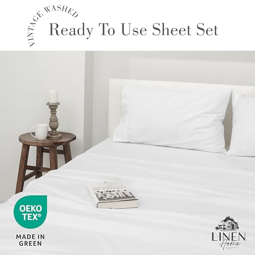 Linen Home Washed Cotton Percale Queen Sheet Set, White, Preshrunk, 4 Pieces Sets - 1 Flat, 1 Deep Pocket Fitted Sheet & 2 Envelope Closure Pillowcases, Soft, Cool and Comfortable Bed Linen - Image 3