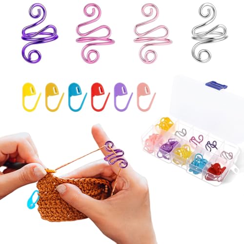 Hand Crochet Tension Rings Set, 4Pcs Crochet Ring + 60Pcs Stitch Markers, Adjustable Crochet Finger Guard, Yarn Tension Control Rings for Hand Crocheters Knitters, Moms (Multicolor)