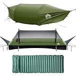 Night Cat Lay Flat Hammock: Flat Bottom with Mosquito Net Waterproof Rainfly for 1 Person Camping in Garden Backyard Wild Green Pro