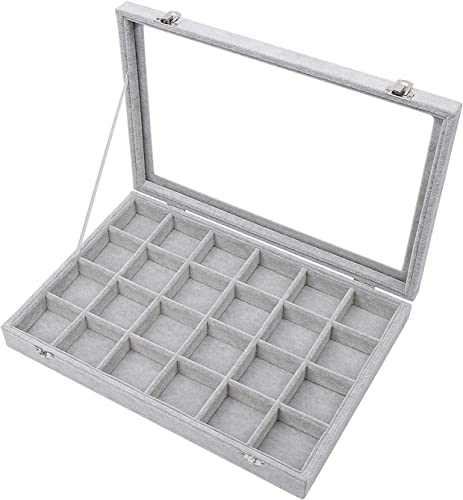 Image of BucketList Women's Velvet Glass Ring Earrings Jewelry Box - Display Storage Showcase Holder Organizer (Big 24 Grid Jewellery Box Grey)