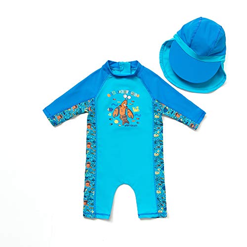 BONVERANO Kids UPF 50+ Sun Protection 3 4 Sleeves One Piece Zip Sunsuit with Sun Cap (24-36 Months, Cartoon Lobster)