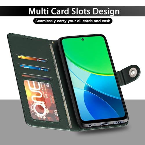 Image of Pikkme Flip Cover Leather Finish | Inside TPU with Card Pockets | Wallet Stand and Shock Proof | Complete Protection Button Flip Case for Vivo Y19s(Green)
