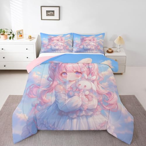 Image of Erosebridal Kawaii Girl Bedding King,3D Anime Gifts Comforter Set Japanese Girl with Curly Hair Bed Sets Romance Style Duvet Insert 3 Pieces