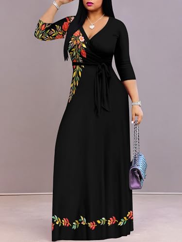 Image of PinkPatty Plus Size Dresses for Curvy Women V Neck Flowy Long Sleeves Wrap Maxi Dress Travel Vacation Outfits