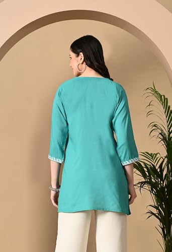 Image of LIBOZA Women's Chikankari Embroidered Short Kurti, Rayon Fabric, Three-Quarter Sleeves, Available in Pink, Black, Mustard Yellow, White, Pista and Green