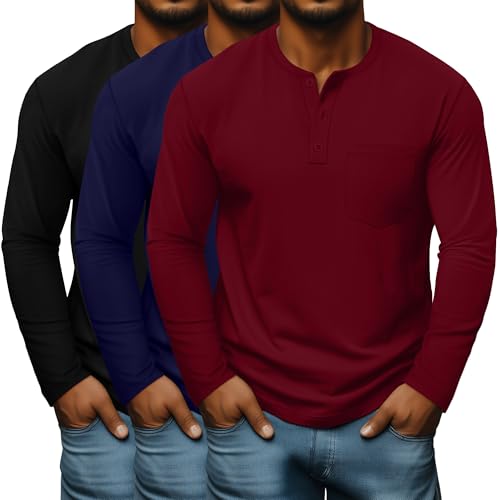 Neer 3 Pack Men's Big and Tall Henley T-Shirts L-5xl, Long Sleeve Cotton Pocket Oversized Tops Casual Soft Loose Basic Tees