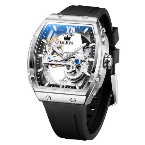 OLEVS Watch for Men Automatic Mechanical Luxury Dress Tourbillon Stainless Steel Waterproof Wrist Watches Date Silver Black