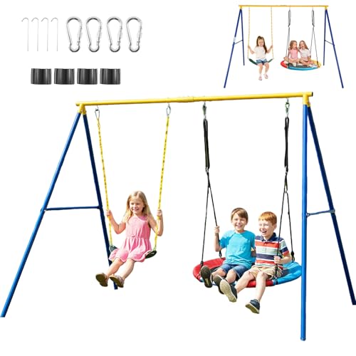 RELAX4LIFE Kit Balançoire Extérieur Charge 300 KG, Portique Balançoire Enfant en Forme A avec 1 Nacelle, 1 Siège, 4 Piquets de Terre, 4 Mousqueton pour...