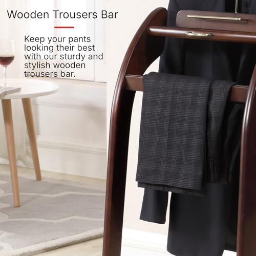 Proman Products Windsor Suit Valet Stand VL16001 with Top Tray, Contour Hanger, Trouser Bar, Tie & Belt Hooks and Shoe Rack, 17"W x 14"D x 40"H, Dark Walnut